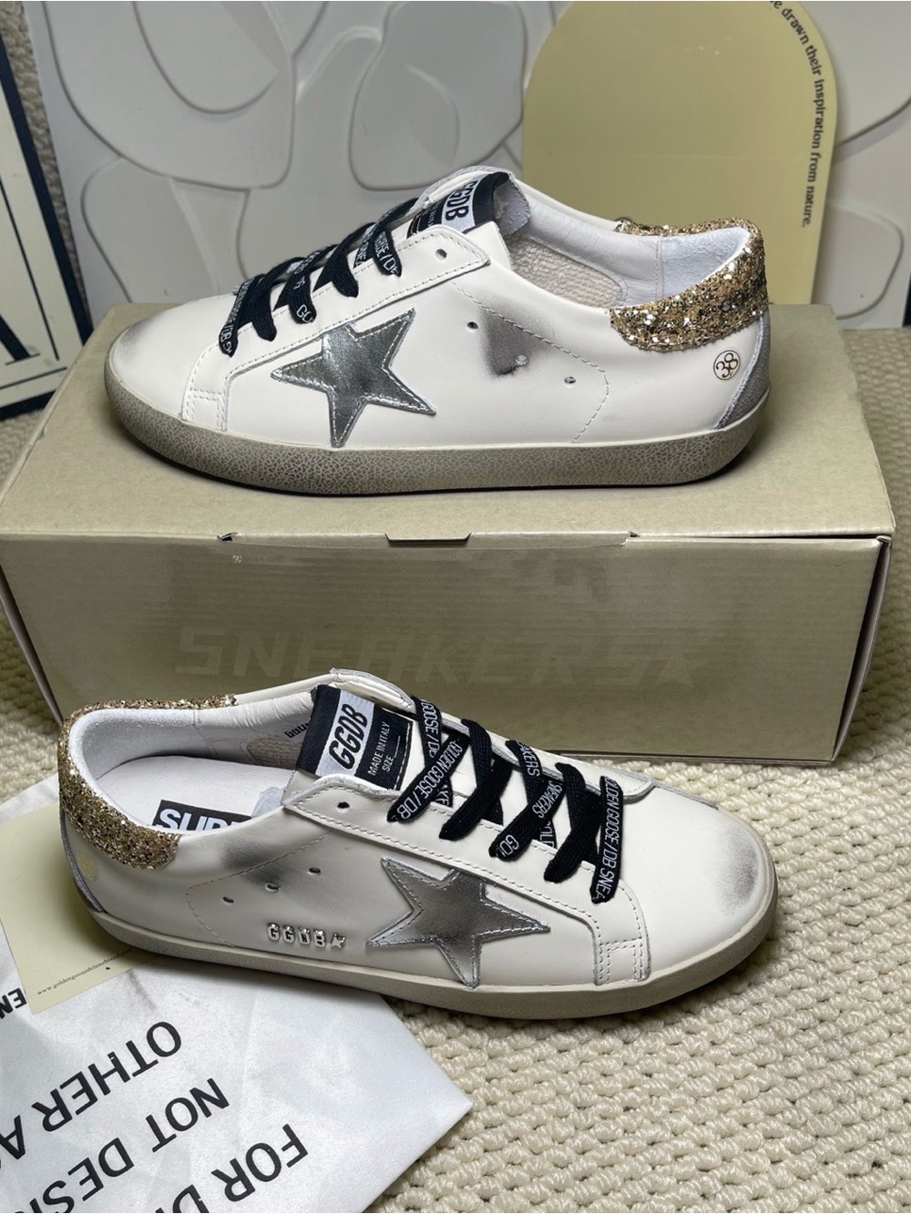 Golden Goose White Sneakers with Silver Star and Gold Heel Glitter